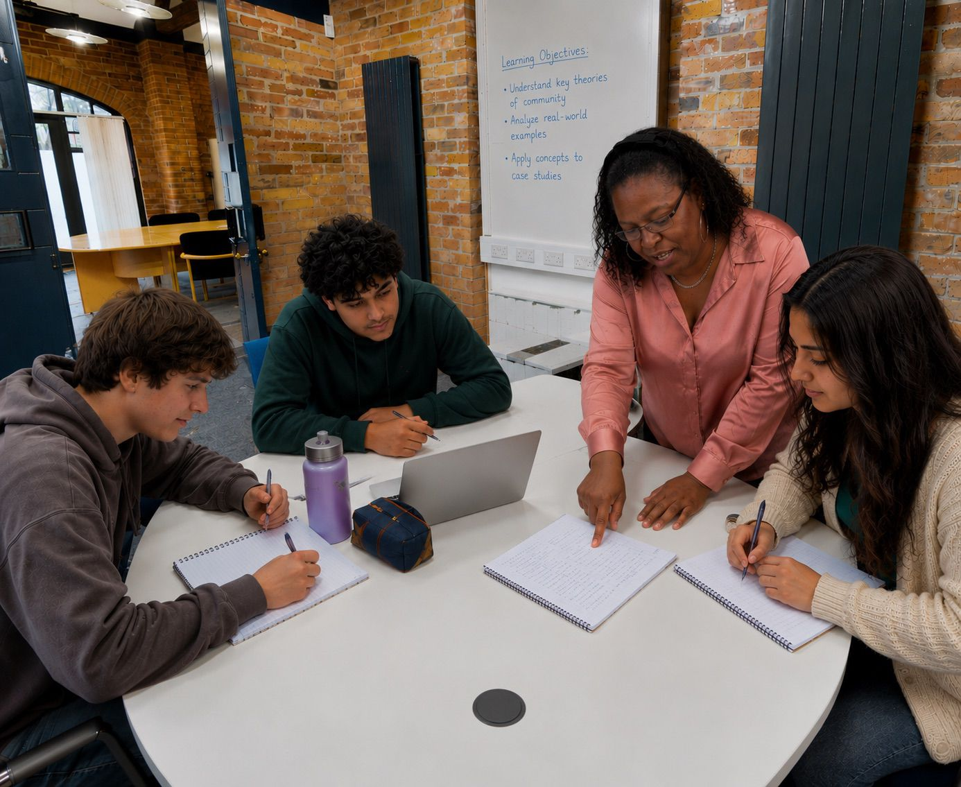 Vector illustration of a calm classroom with students and a teacher at the whiteboard